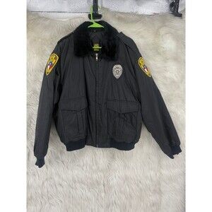 Lion Security Officer Bomber Jacket Mens Black Faux Fur Collar Quilted Liner L